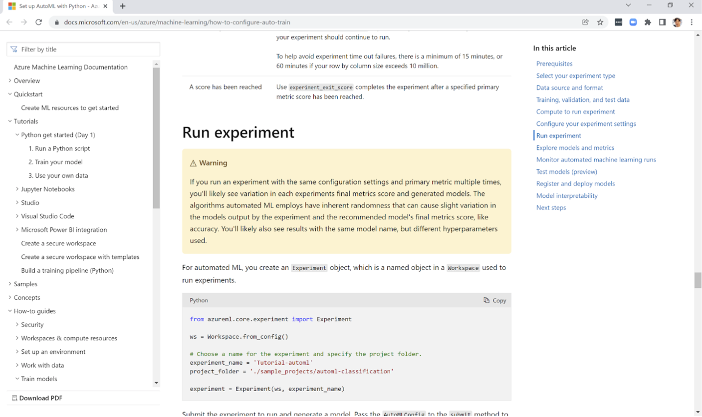 Microsoft Azure – search for Run experiment