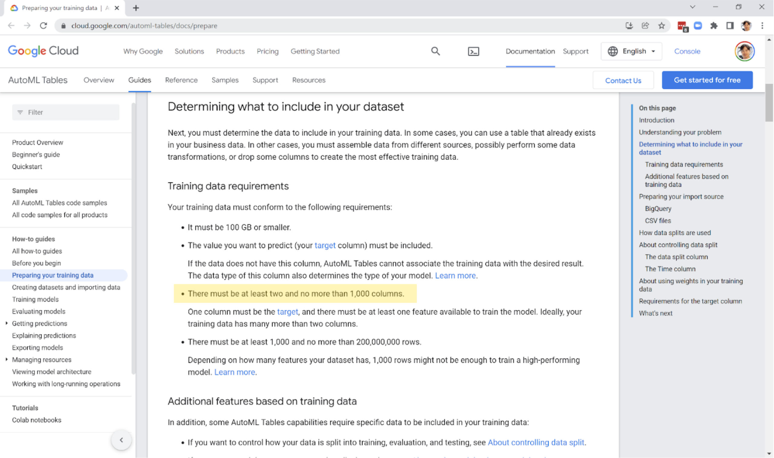 Google 1,000 data points minimum and 1,000 features maximum