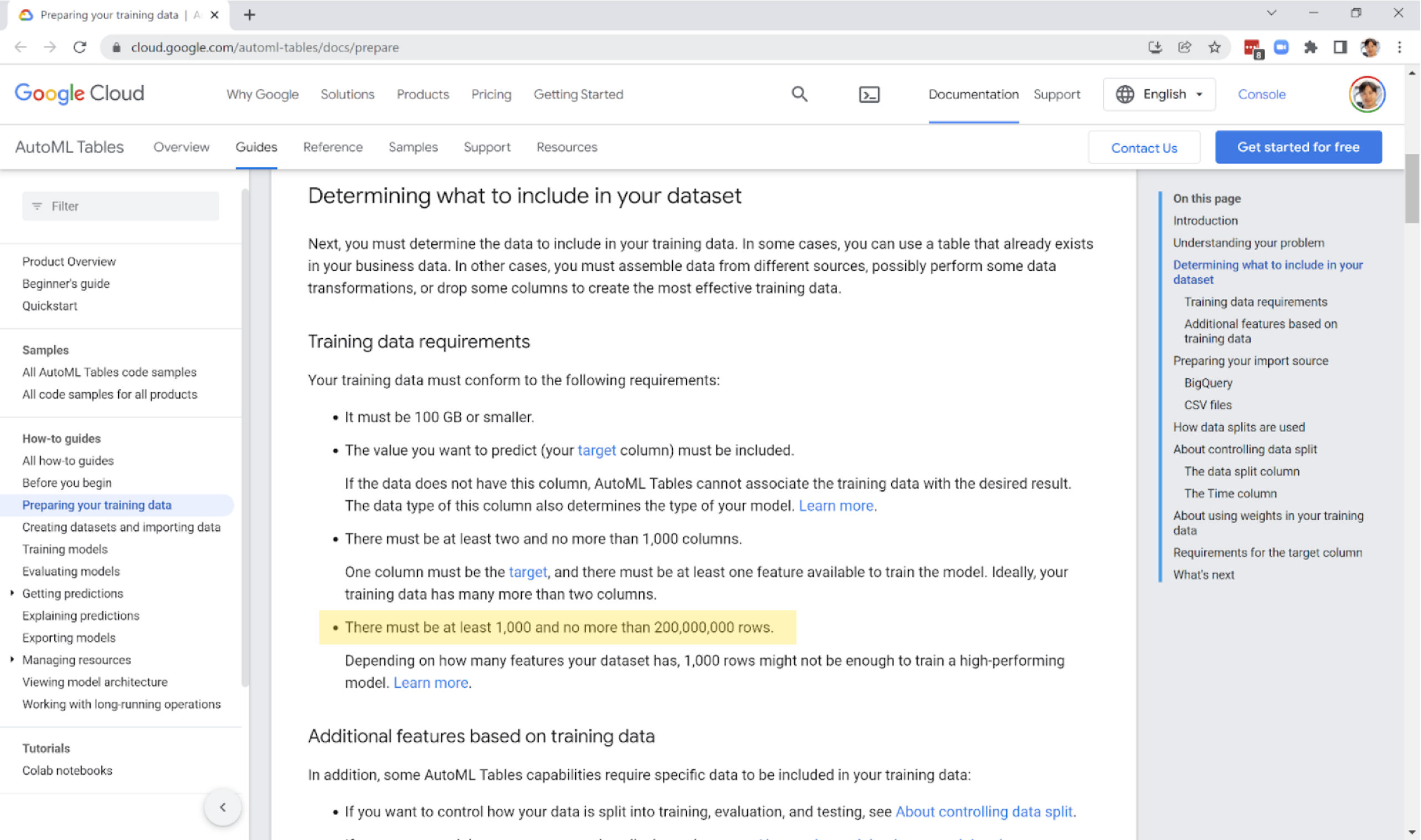 Google 1,000 data points minimum and 1,000 features maximum
