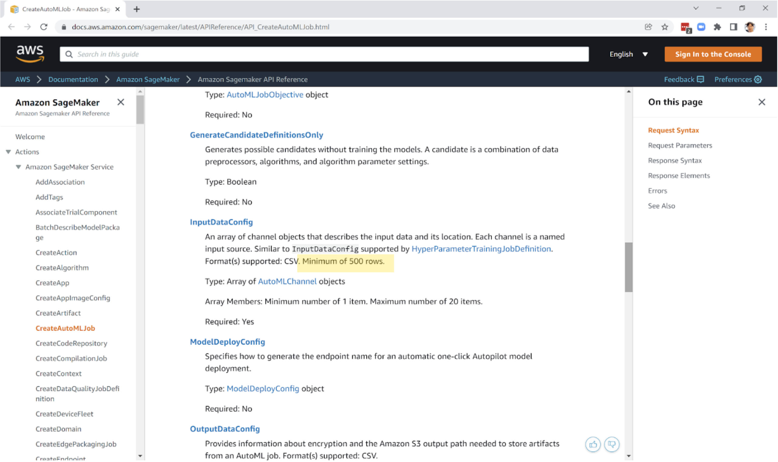 Amazon 500 data points minimum – search for InputDataConfig